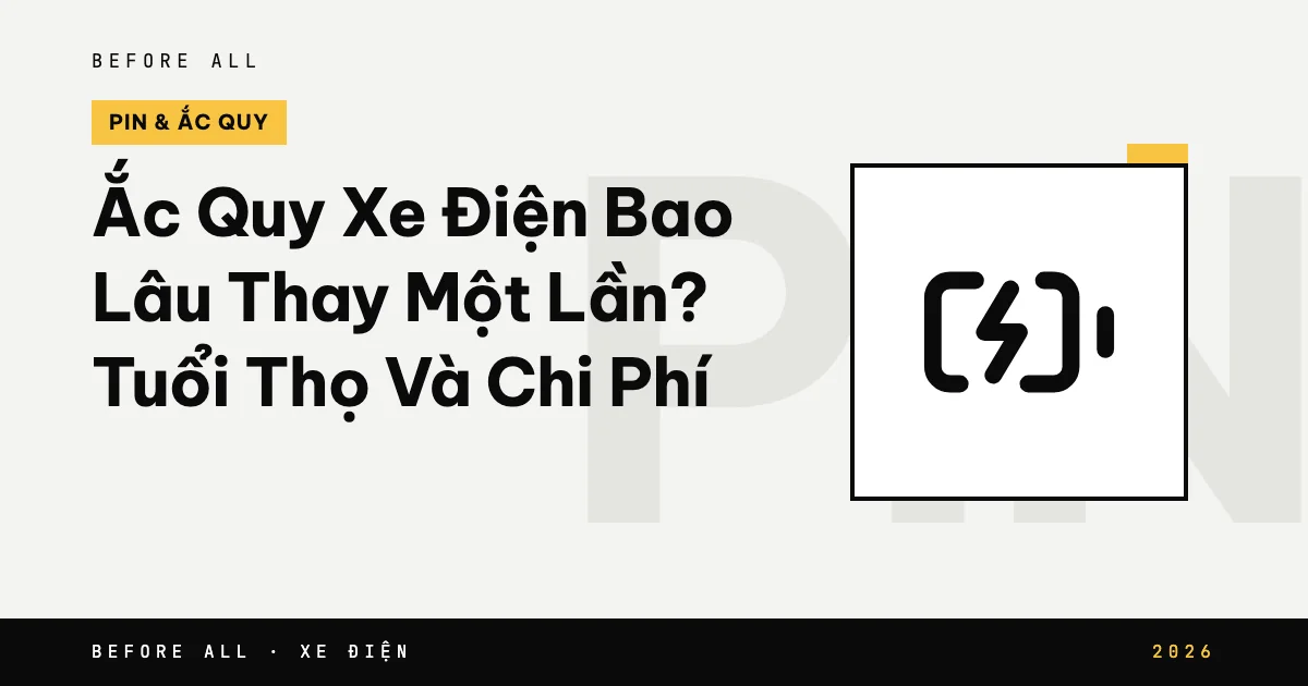 Ảnh bìa bài "Ắc Quy Xe Điện Bao Lâu Thay Một Lần? Tuổi Thọ Và Chi Phí" của Before All: biểu tượng và từ khóa chủ đề, năm 2026