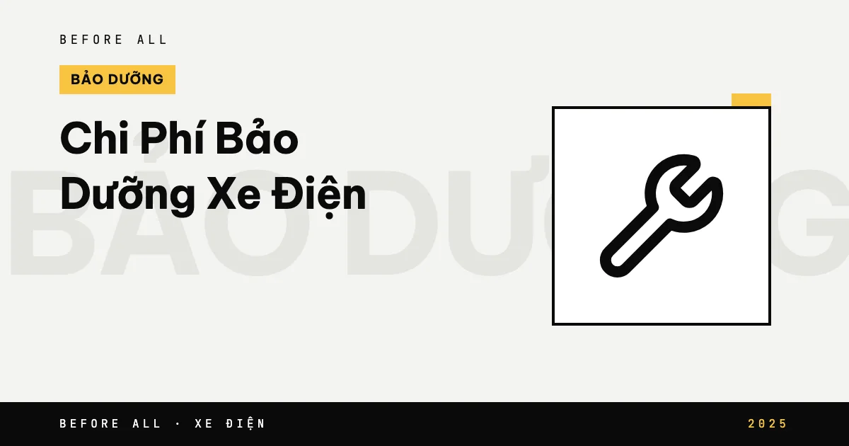 Ảnh bìa bài "Chi Phí Bảo Dưỡng Xe Điện" của Before All: biểu tượng và từ khóa chủ đề, năm 2025