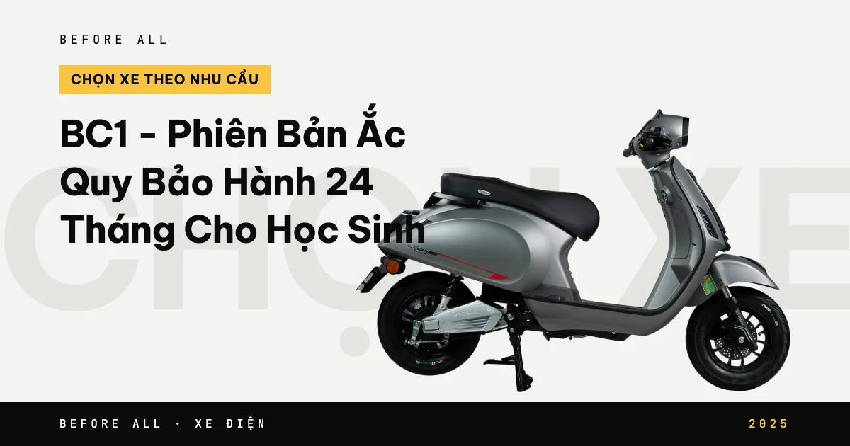 Ảnh bìa bài "BC1 - Phiên Bản Ắc Quy Bảo Hành Lên Đến 24 Tháng Cho Học Sinh" của Before All: mẫu xe cắt nền trên chữ lớn, năm 2025