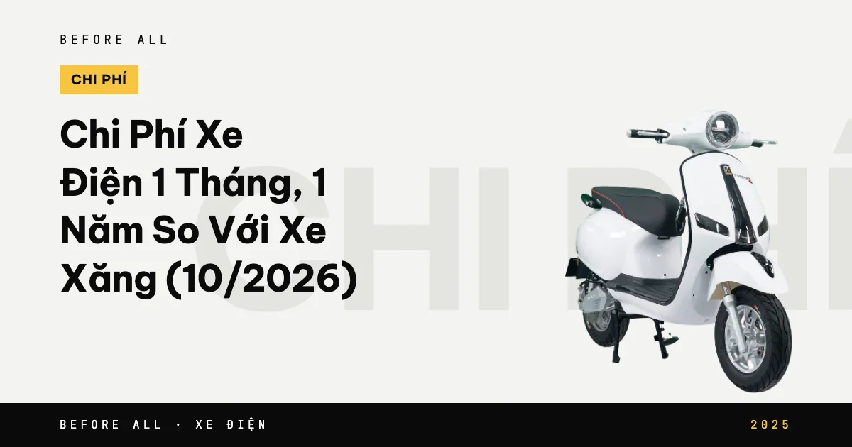 Ảnh bìa bài "Chi Phí Xe Điện 1 Tháng, 1 Năm So Với Xe Xăng (10/2026)" của Before All: mẫu xe cắt nền trên chữ lớn, năm 2025
