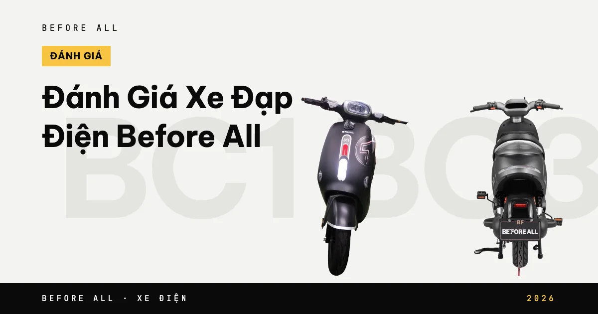 Ảnh bìa bài "Đánh Giá Xe Đạp Điện Before All" của Before All: mẫu xe cắt nền trên chữ lớn, năm 2026