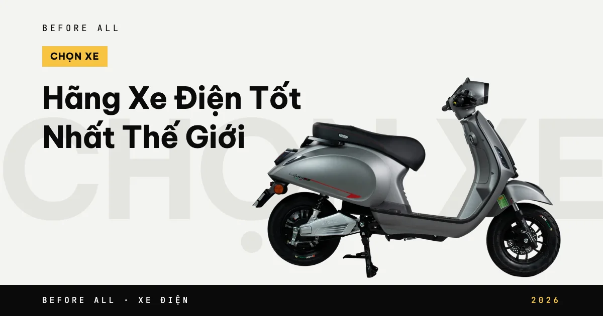 Ảnh bìa bài "Hãng Xe Điện Thế Giới" của Before All: mẫu xe cắt nền trên chữ lớn, năm 2026