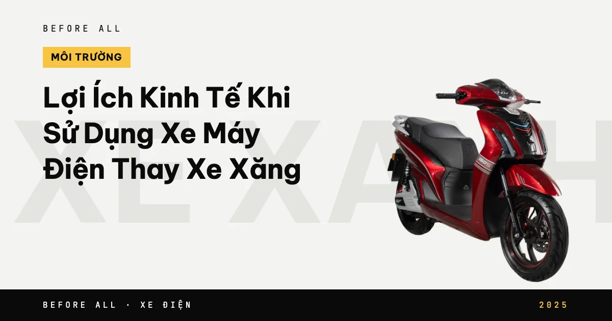 Ảnh bìa bài "Lợi Ích Kinh Tế Khi Sử Dụng Xe Máy Điện Thay Xe Xăng" của Before All: mẫu xe cắt nền trên chữ lớn, năm 2025