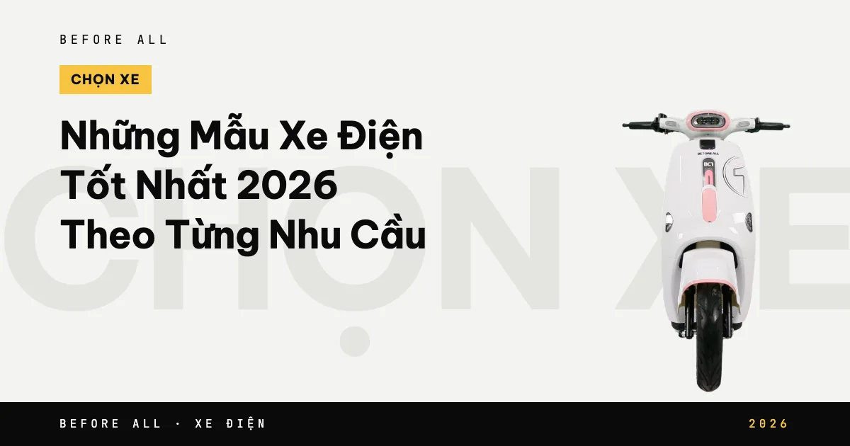Ảnh bìa bài "Những Mẫu Xe Điện Đáng Mua 2026 Theo Từng Nhu Cầu" của Before All: mẫu xe cắt nền trên chữ lớn, năm 2026