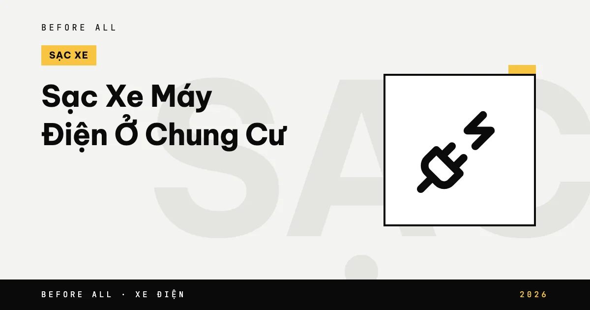 Ảnh bìa bài "Sạc Xe Máy Điện Ở Chung Cư" của Before All: biểu tượng và từ khóa chủ đề, năm 2026
