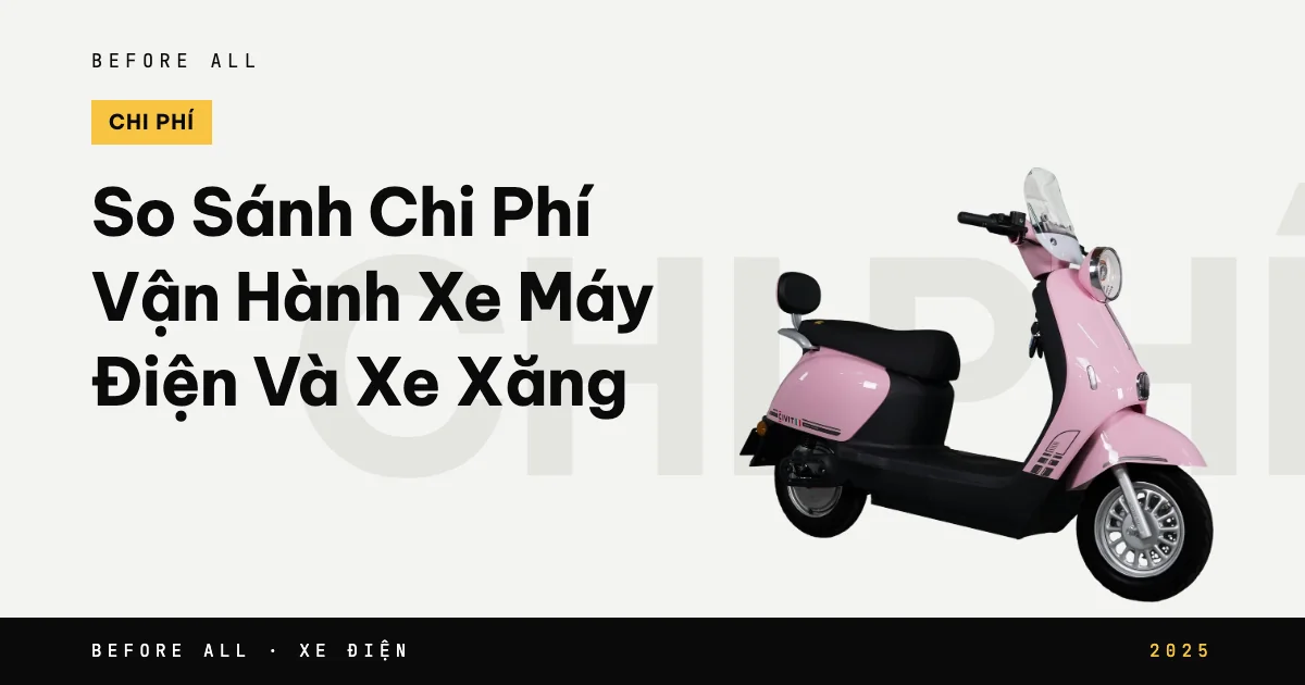 Ảnh bìa bài "So Sánh Chi Phí Vận Hành Xe Máy Điện Và Xe Xăng" của Before All: mẫu xe cắt nền trên chữ lớn, năm 2025