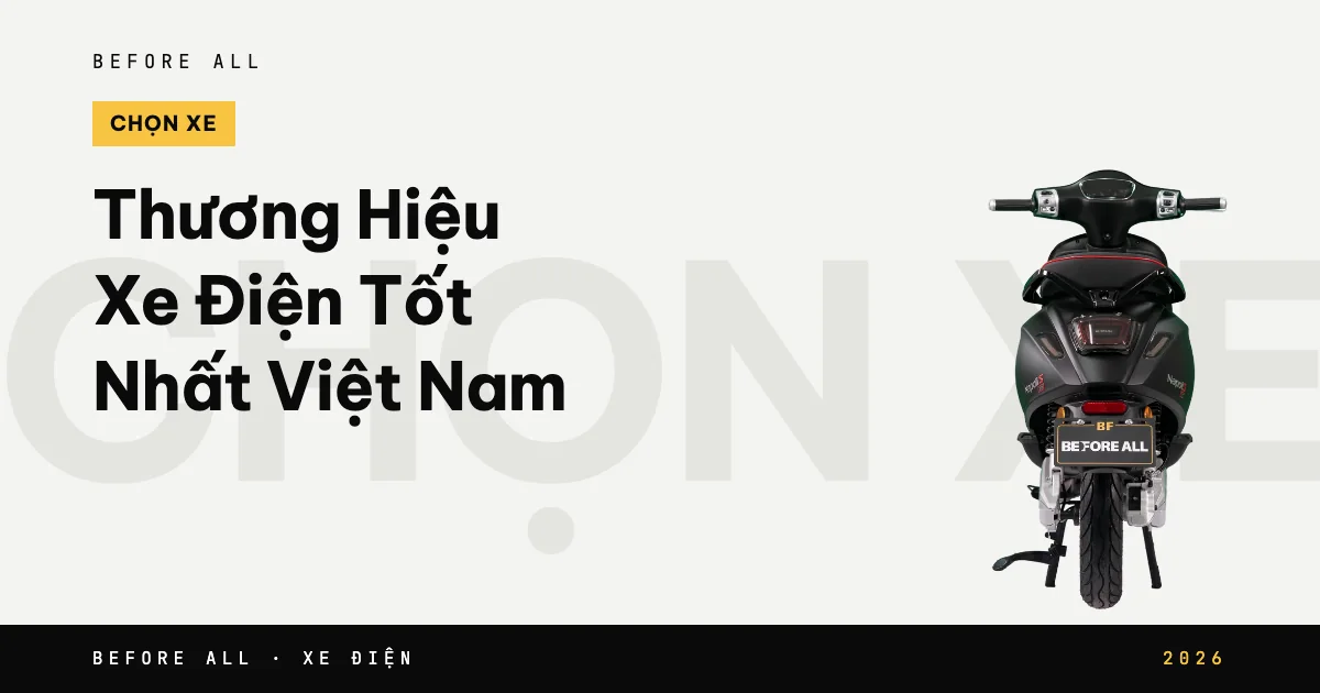 Ảnh bìa bài "Thương Hiệu Xe Điện Việt Nam" của Before All: mẫu xe cắt nền trên chữ lớn, năm 2026