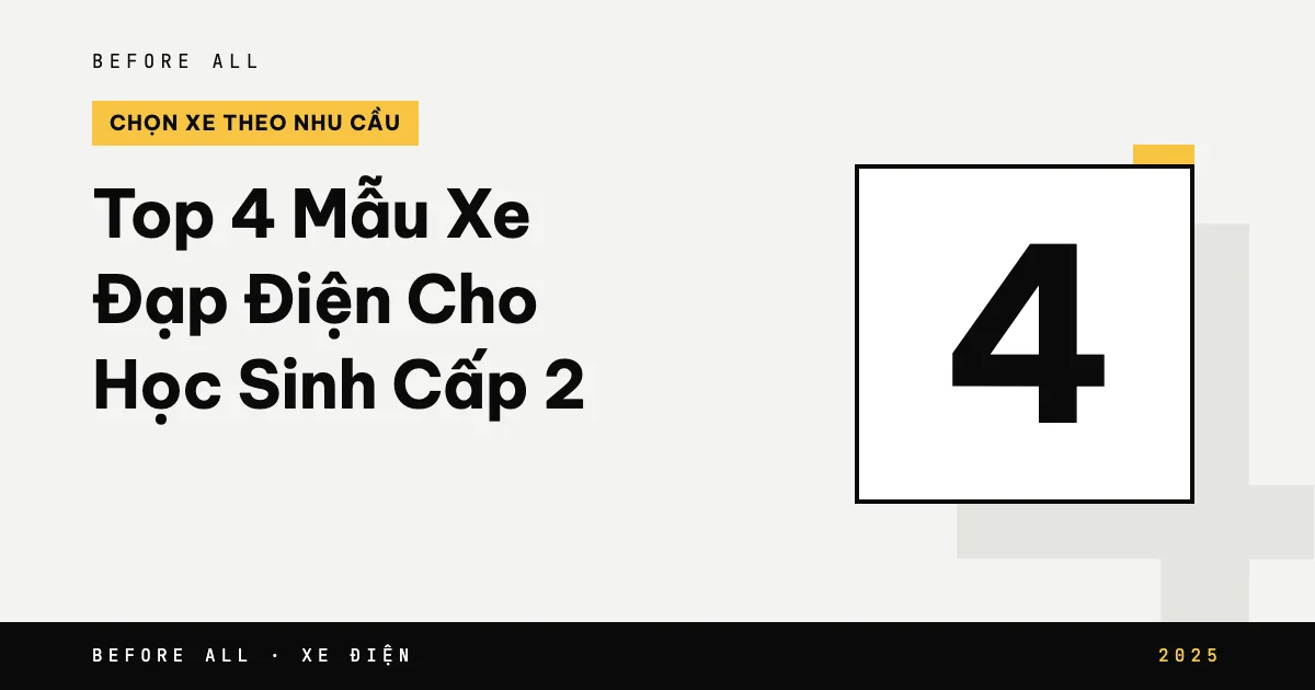 Ảnh bìa bài "Top 4 Mẫu Xe Đạp Điện Cho Học Sinh Cấp 2" của Before All: biểu tượng và từ khóa chủ đề, năm 2025