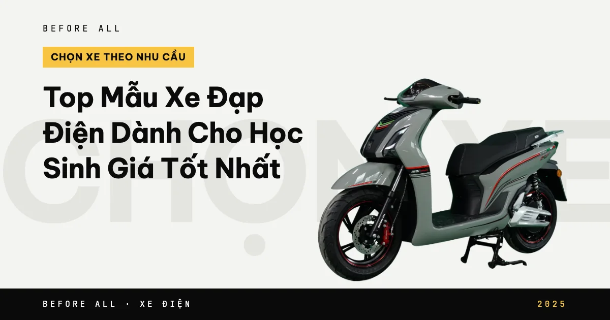 Ảnh bìa bài "Top Mẫu Xe Đạp Điện Dành Cho Học Sinh Giá Tốt" của Before All: mẫu xe cắt nền trên chữ lớn, năm 2025