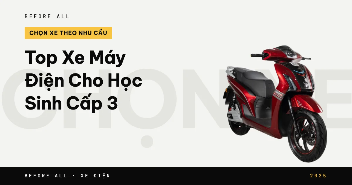 Ảnh bìa bài "Top Xe Máy Điện Cho Học Sinh Cấp 3" của Before All: mẫu xe cắt nền trên chữ lớn, năm 2025