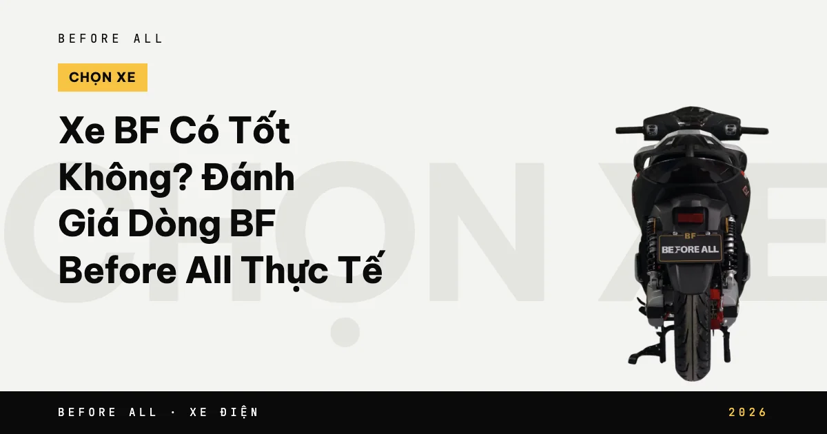 Ảnh bìa bài "Xe BF Có Tốt Không? Đánh Giá Dòng BF Before All Thực Tế" của Before All: mẫu xe cắt nền trên chữ lớn, năm 2026
