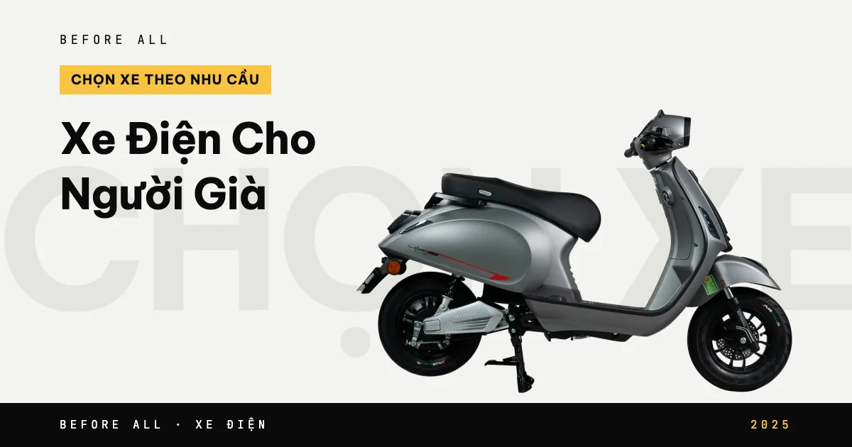 Ảnh bìa bài "Xe Điện Cho Người Già" của Before All: mẫu xe cắt nền trên chữ lớn, năm 2025