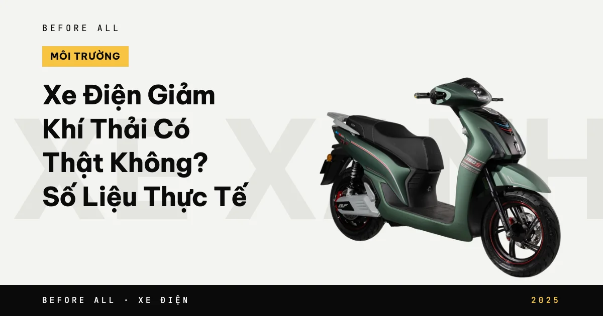 Ảnh bìa bài "Xe Điện Giảm Khí Thải Có Thật Không? Số Liệu Thực Tế" của Before All: mẫu xe cắt nền trên chữ lớn, năm 2025