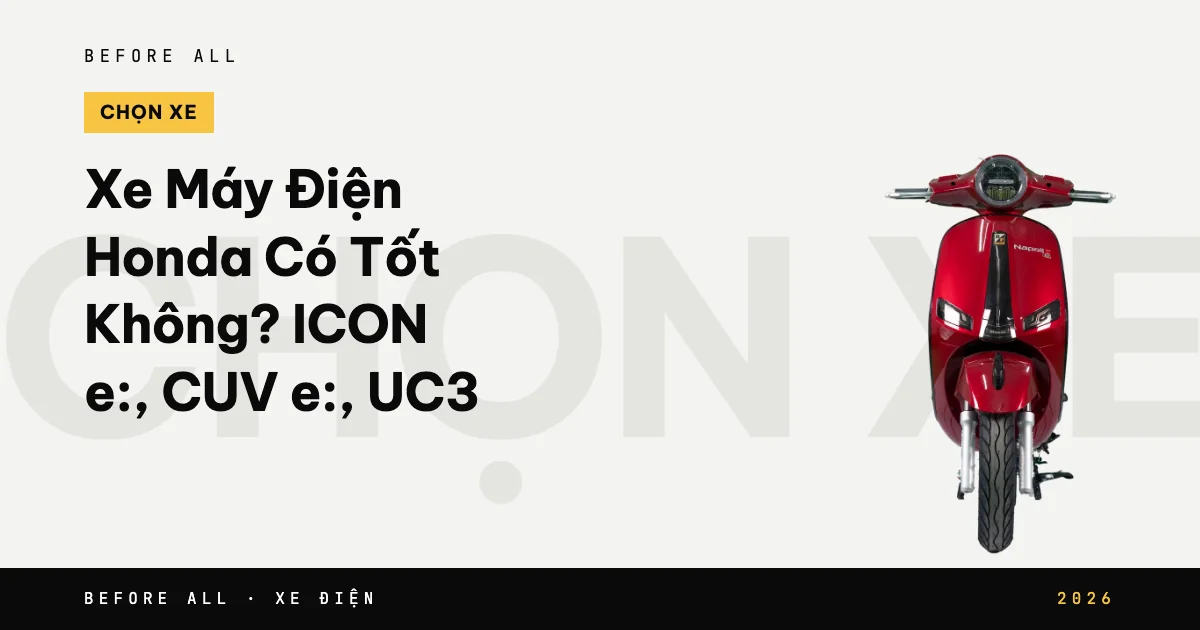 Ảnh bìa bài "Xe Máy Điện Honda Có Tốt Không? ICON e:, CUV e:, UC3" của Before All: mẫu xe cắt nền trên chữ lớn, năm 2026
