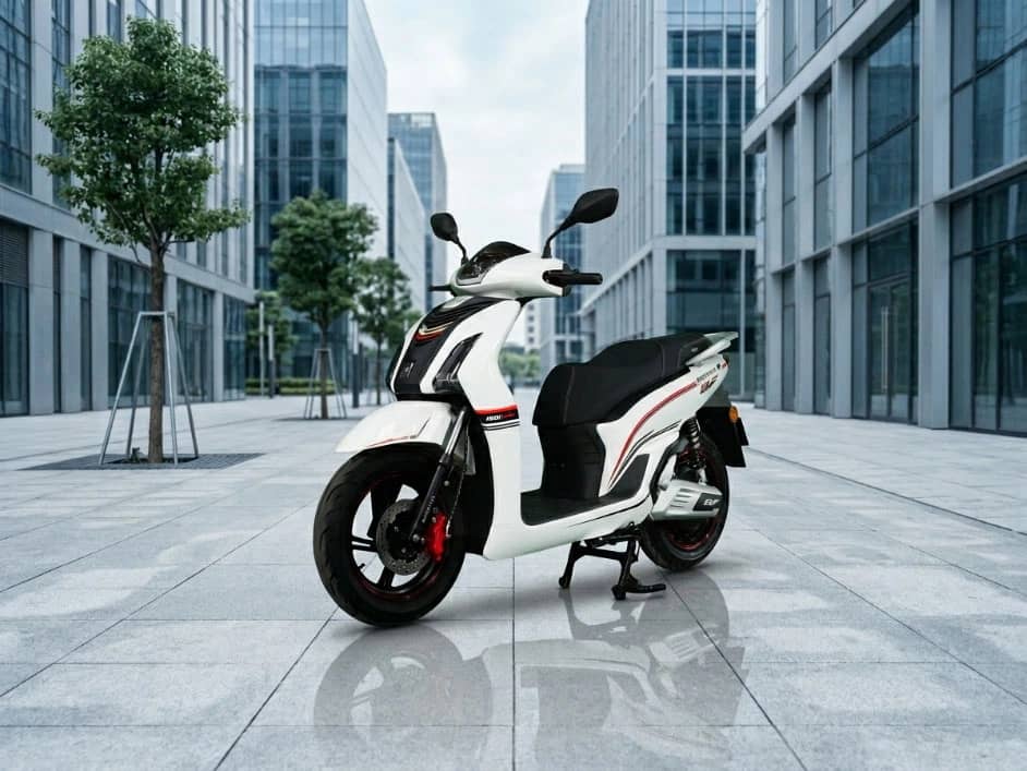 Xe máy điện Before All BF150i màu trắng viền đỏ đỗ trên quảng trường giữa các tòa nhà kính