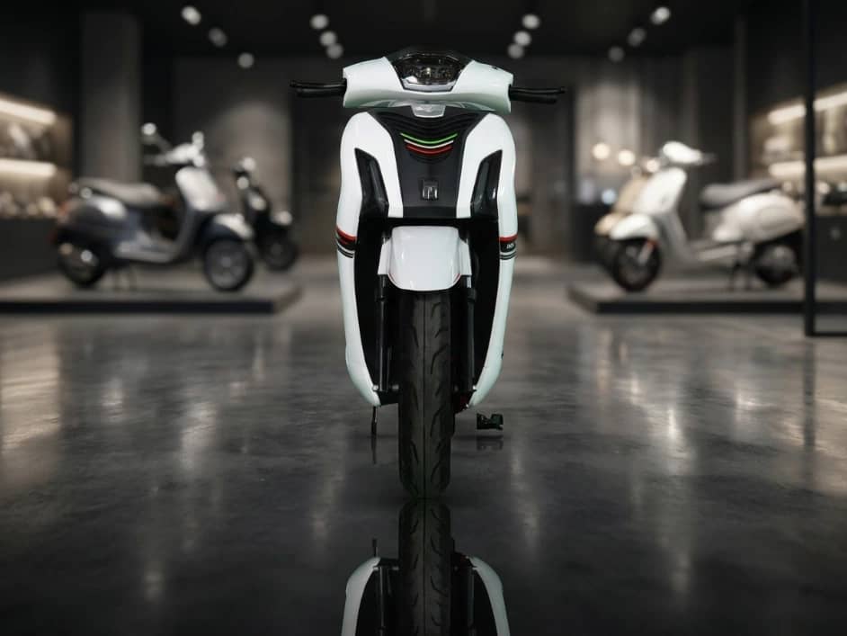 Đầu xe máy điện Before All BF150i màu trắng nhìn thẳng trong showroom, phía sau là các mẫu xe khác