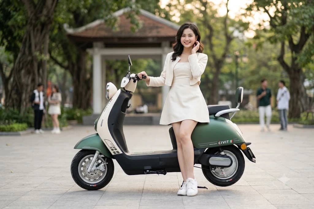 Cô gái váy trắng đứng cạnh xe máy điện Before All Civit màu xanh rêu phối be trong công viên