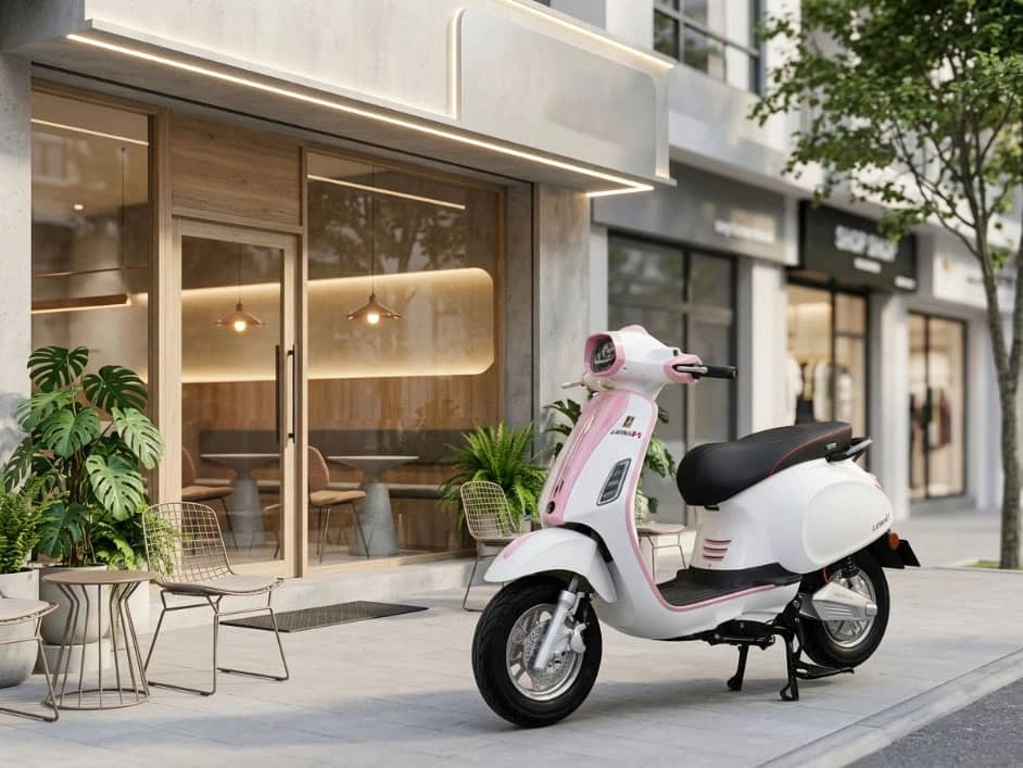 Xe máy điện Before All LATINA VI màu xanh ánh hồng, góc 1/3
