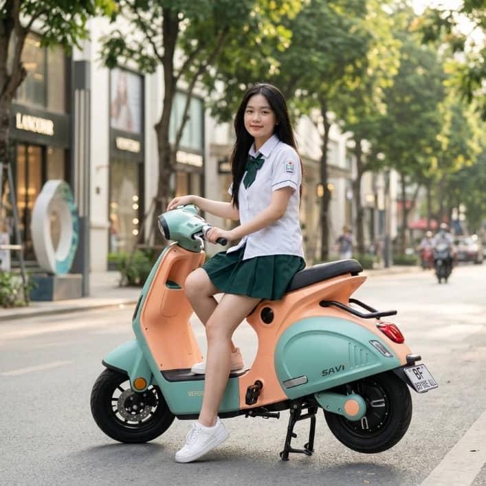 Nữ sinh ngồi trên xe máy điện không cần bằng lái Before All Savi