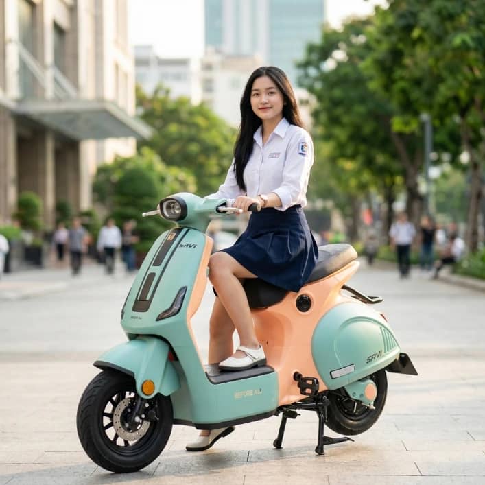 Nữ sinh ngồi trên Before All Savi màu xanh mint phối cam trên phố đông người